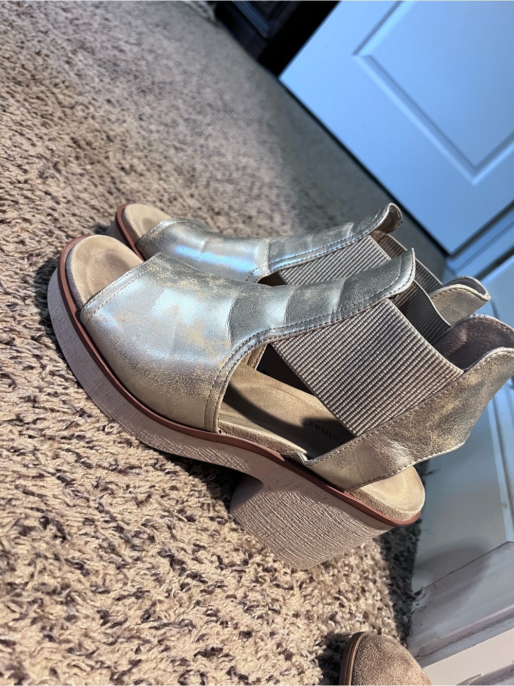 JEANNE PIERRE Metallic Gold Elastic Slingback Wedge Sandals
